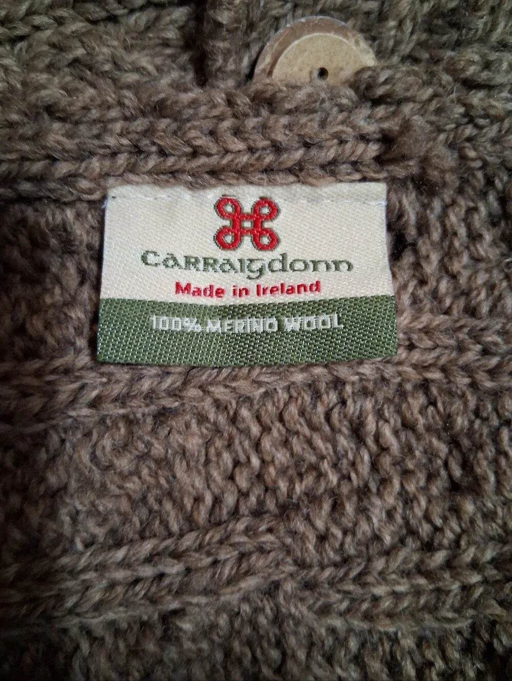 authentic Carraig Donn knitted buttoned snood scarf, Ireland , Merino Wool